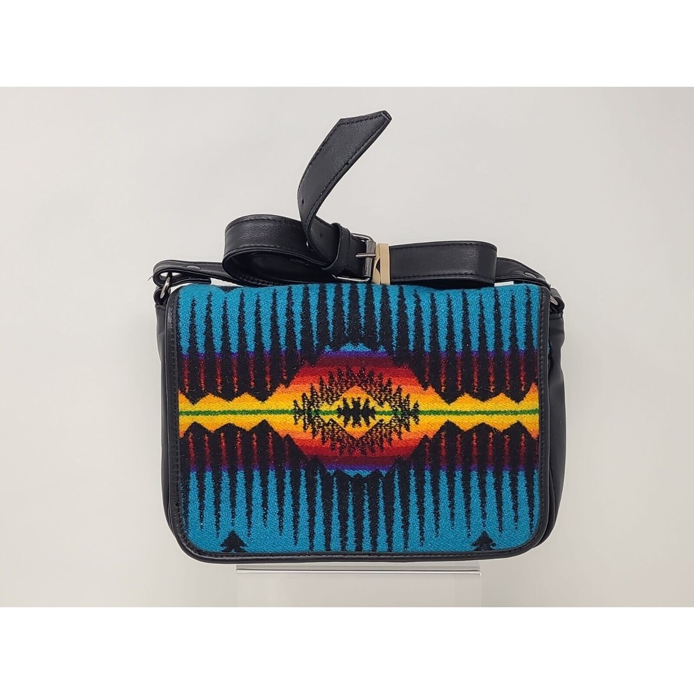 Vintage Pendleton Purse Crossbody Blue Aztec Boho Southwest Wool Leather